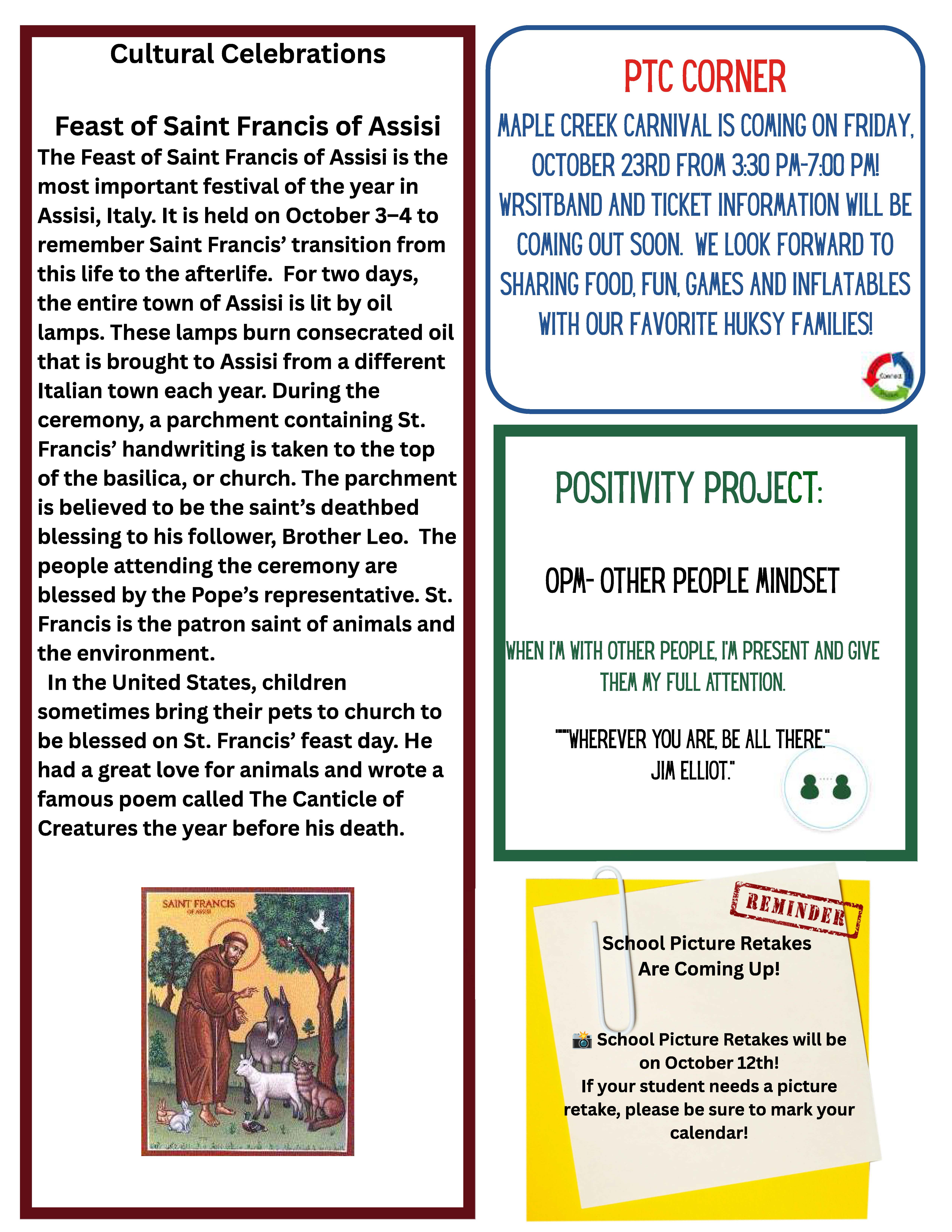 A newsletter page titled "Cultural Celebrations" detailing the Feast of Saint Francis of Assisi alongside an image of the saint with animals.