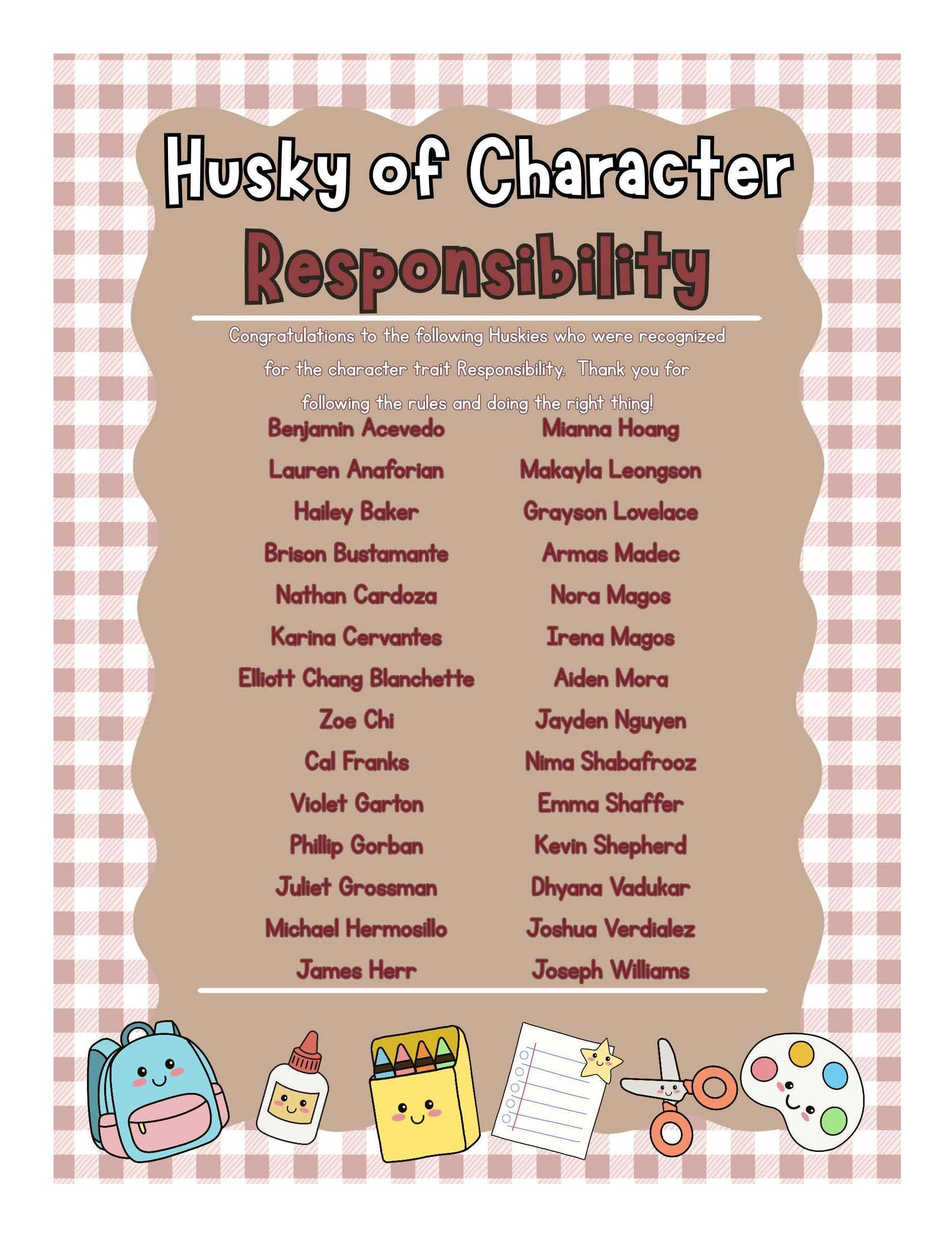 A recognition poster titled 'Husky of Character Responsibility' lists student names on a brown and pink gingham background.