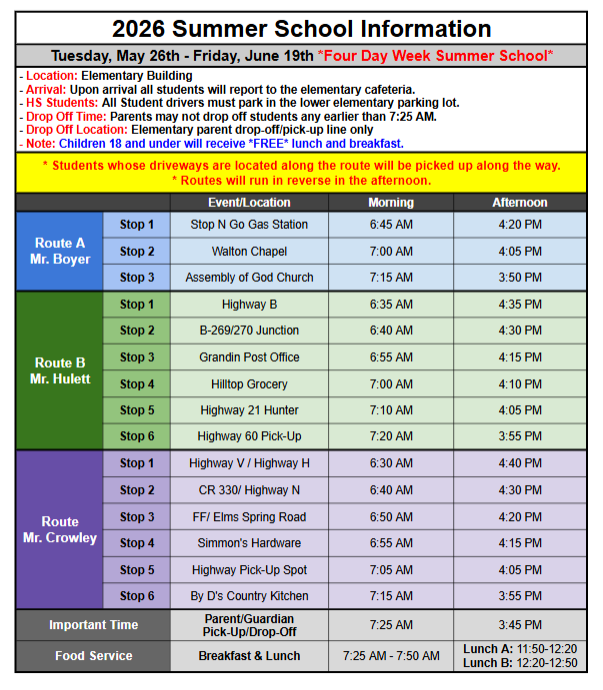 Summer School: Information & Bus Routes