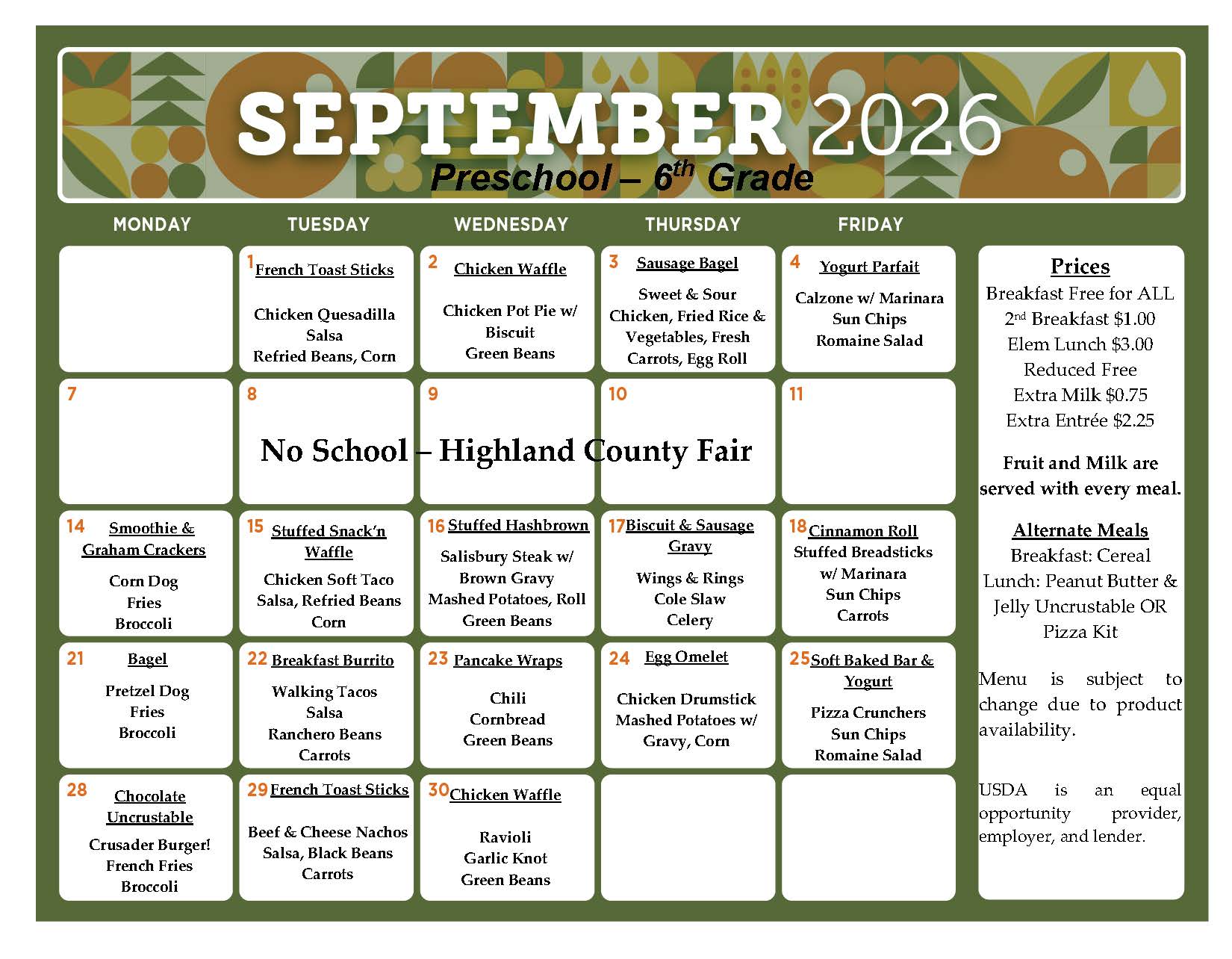 September Lunch Menus!