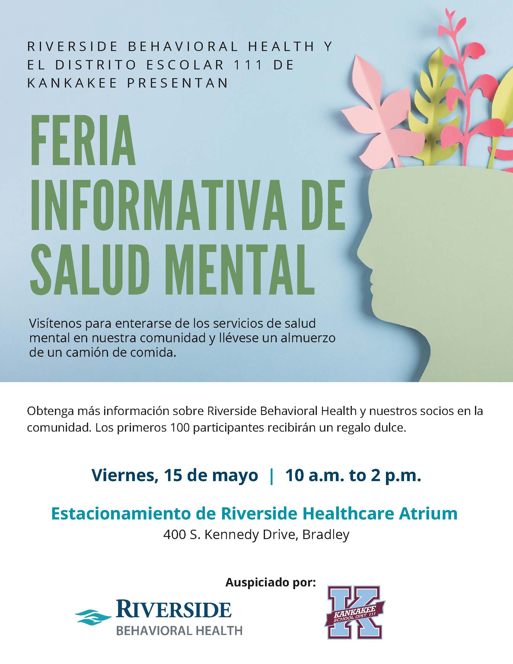 Poster announcing a Mental Health Information Fair presented by Riverside Behavioral Health and Kankakee School District 111.