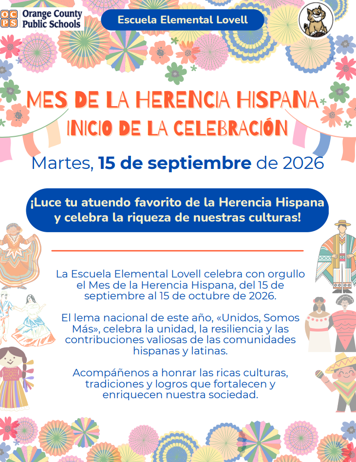 A colorful flyer in Spanish announces Hispanic Heritage Month events at Lovell Elementary School starting September 15, 2026.