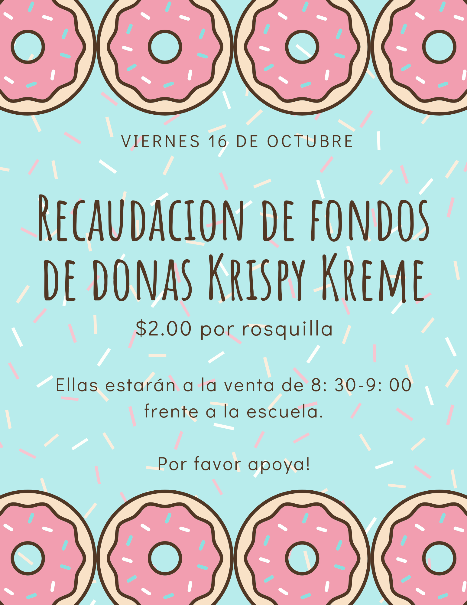A light blue flyer with pink donuts and sprinkles, announcing a Krispy Kreme fundraiser on Friday, October 16th.