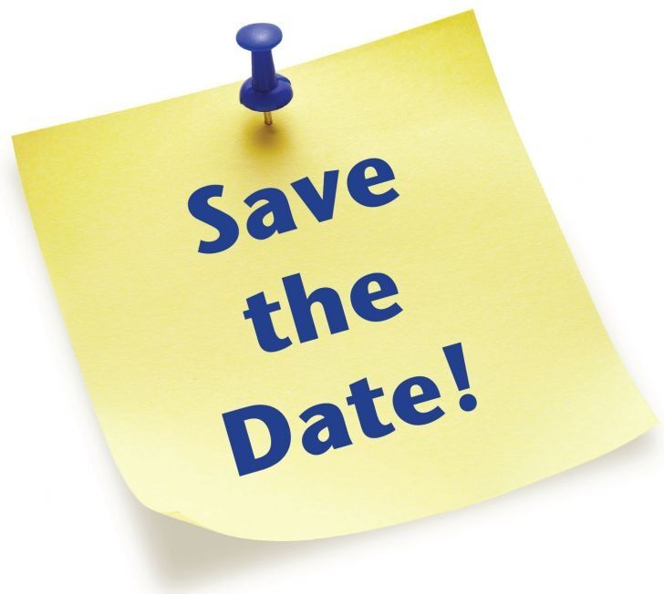 A yellow sticky note with the words 'Save the Date!' in blue text, pinned to a white background.