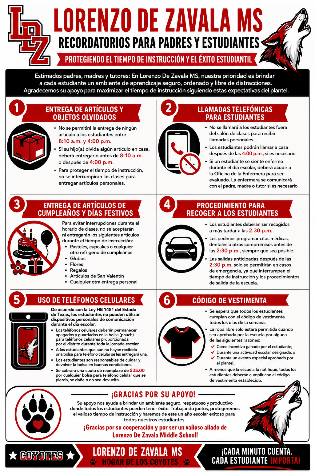 Lorenzo De Zavala MS provides guidelines for parents and students on school policies, including item delivery, phone calls, pickups, and dress code.