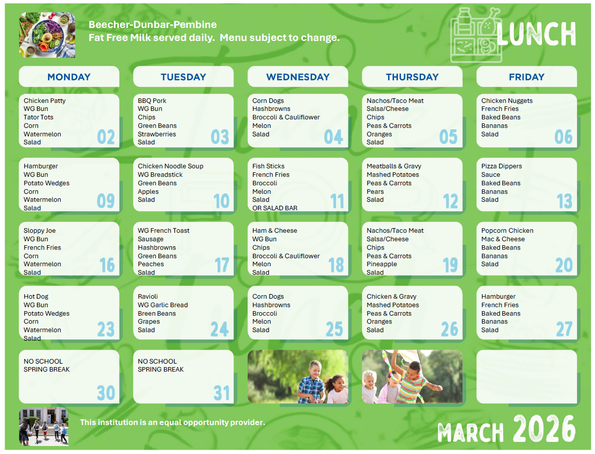 A March 2026 lunch menu for Beecher-Dunbar-Pembine, detailing daily meal options from Monday to Friday.