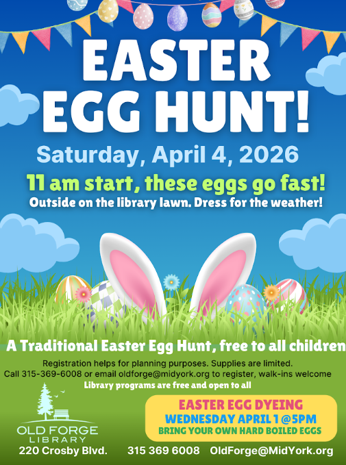 Poster for an Easter Egg Hunt on Saturday, April 4, 2026, at 11 am on the library lawn.
