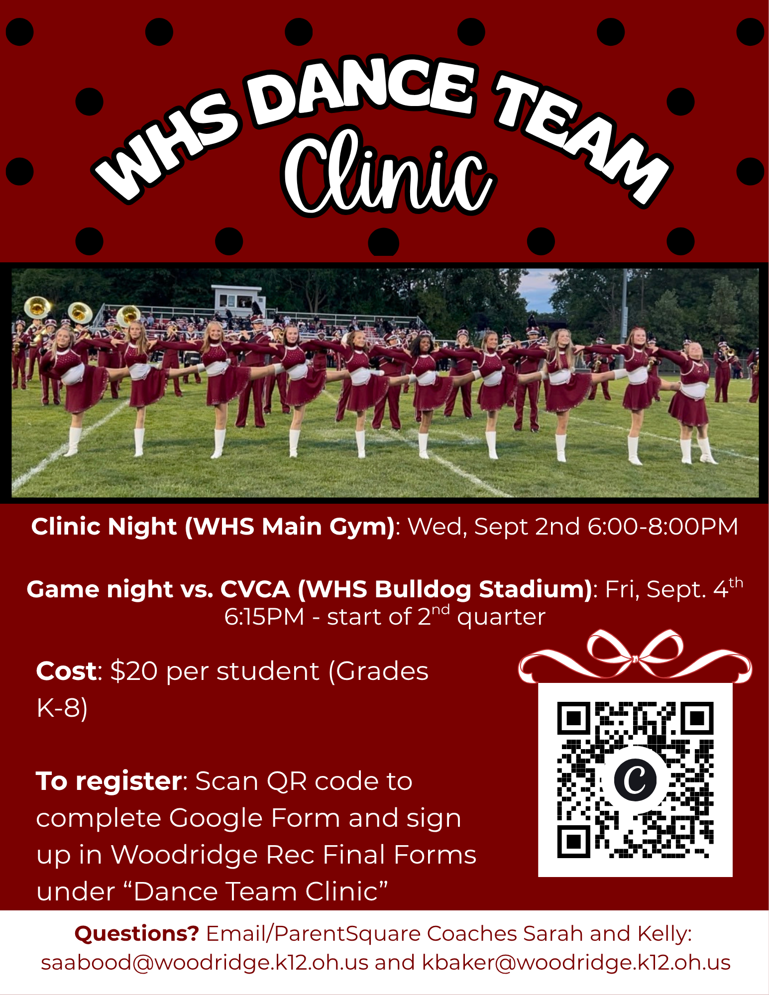 Poster for WHS Dance Team Clinic featuring a photo of the team performing on a field.