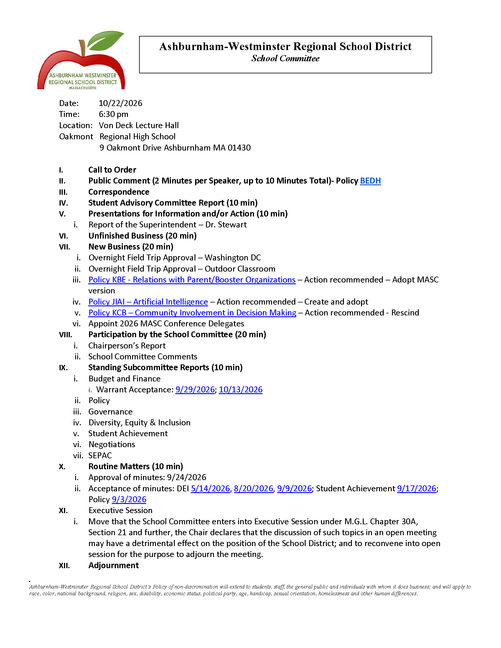 School Committee Meeting 10/22/2026