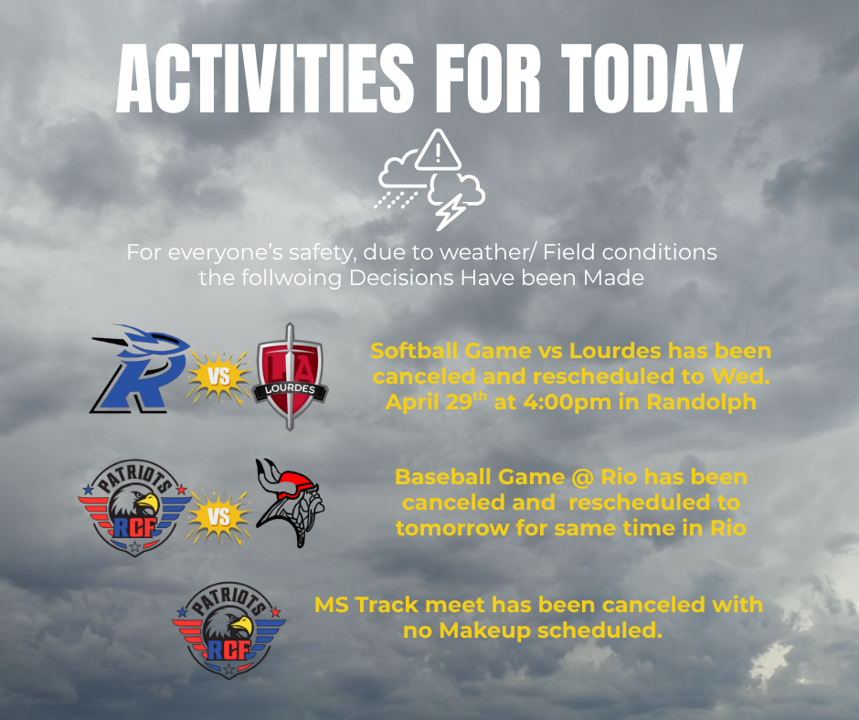 Image titled 'ACTIVITIES FOR TODAY' shows weather-related cancellations and reschedulings for sports events.