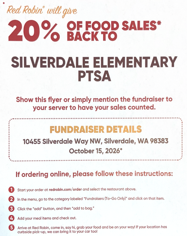 A Red Robin fundraiser flyer for Silverdale Elementary PTSA on October 15, 2026, offering 20 percent back on food sales.