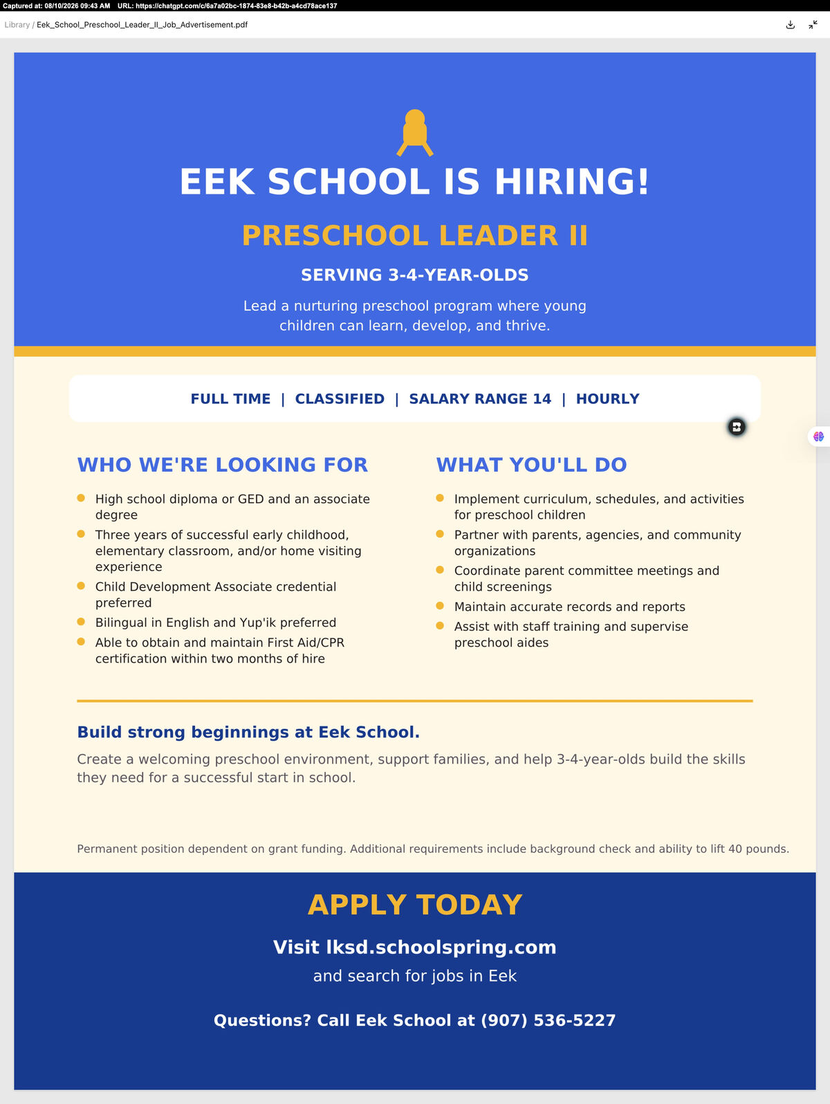 Looking for a PreSchool Leader II at Eek School for 2026-2027 School Year
