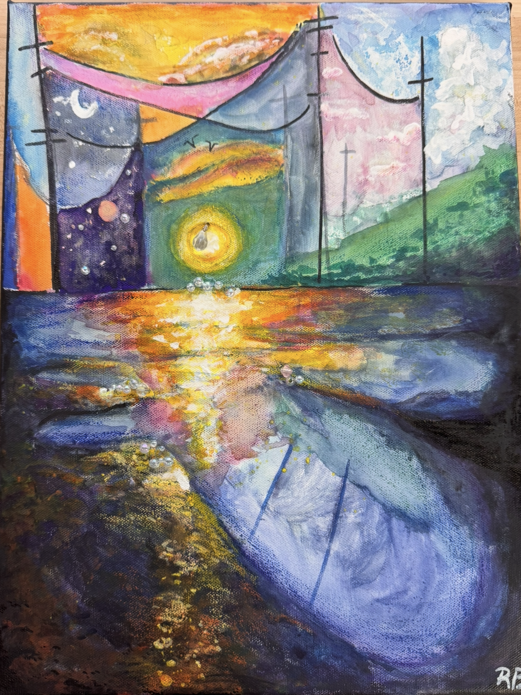 An abstract painting depicts a vibrant, reflective water scene with a surreal sky above.