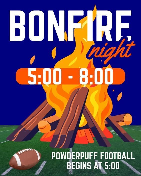 A promotional poster for a bonfire night event on a football field, featuring an illustration of a campfire and a football.