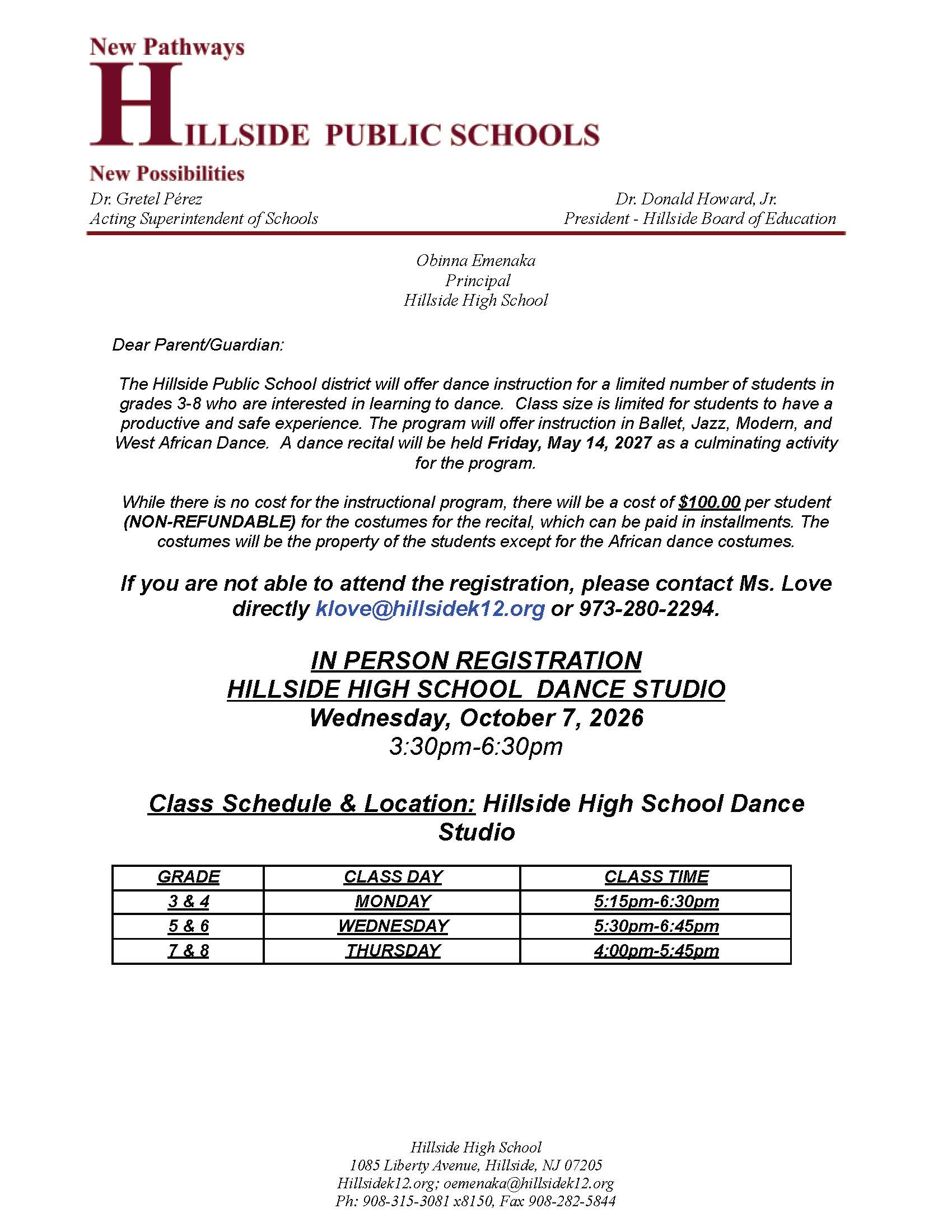Dance Instruction for Grades 3 - 8 at Hillside High School