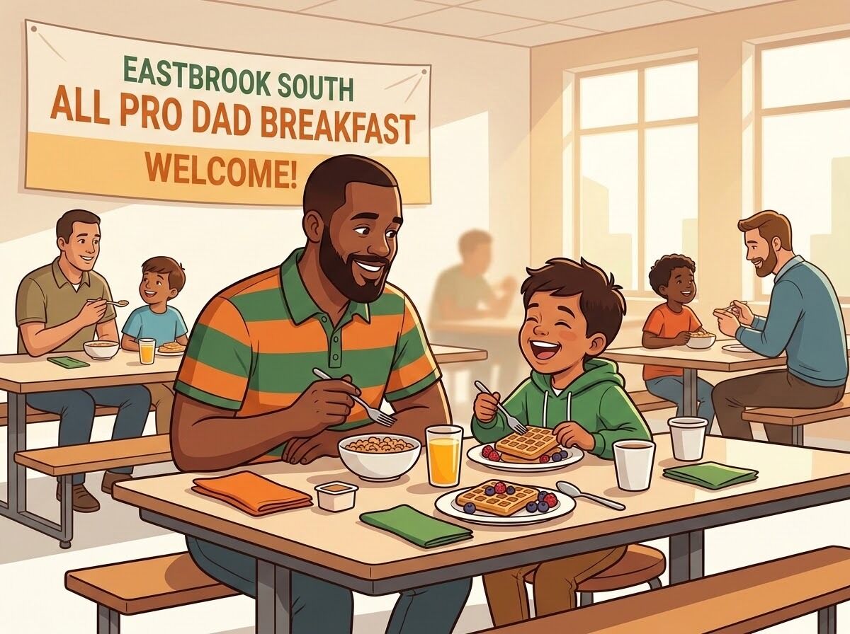 A warm illustration of a father and his young child eating breakfast together happily at a table in a school cafeteria