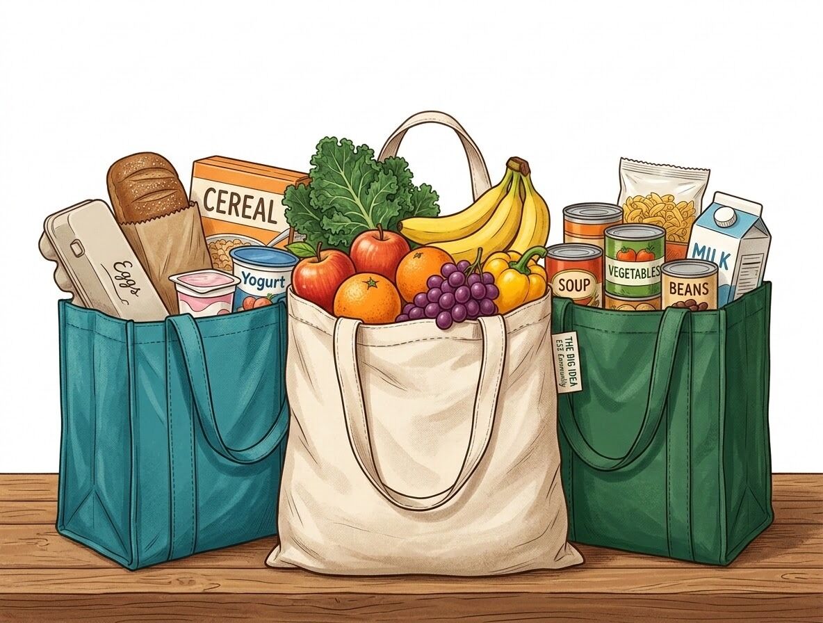An inviting and colorful display of fresh groceries, fresh produce, and canned goods in reusable grocery bags