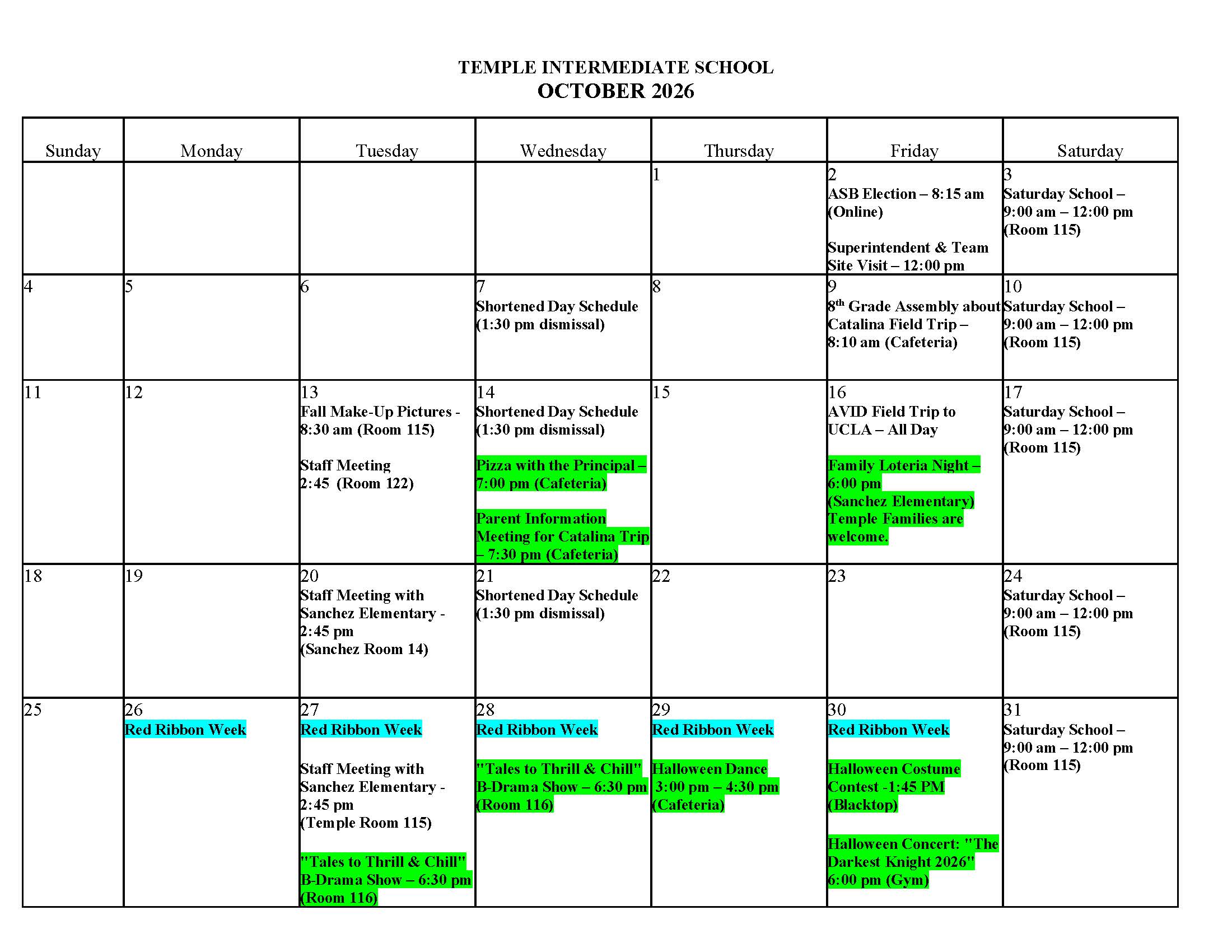 October Calendar for Temple Intermediate