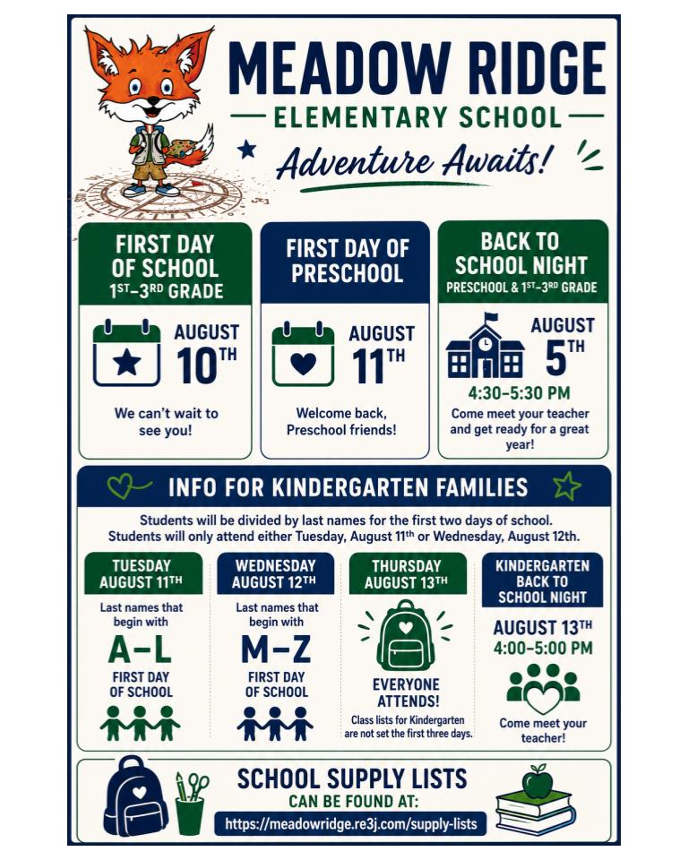 Meadow Ridge Elementary School's 'Adventure Awaits!' flyer details back-to-school events and dates.