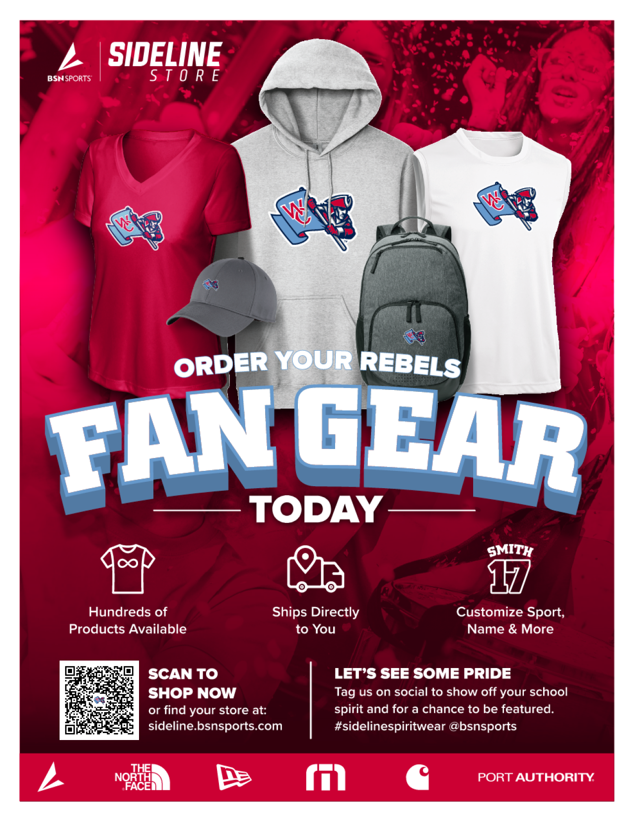 Promotional poster for Sideline Store featuring Rebels fan gear, including shirts, a hoodie, a hat, and a backpack against a red background.