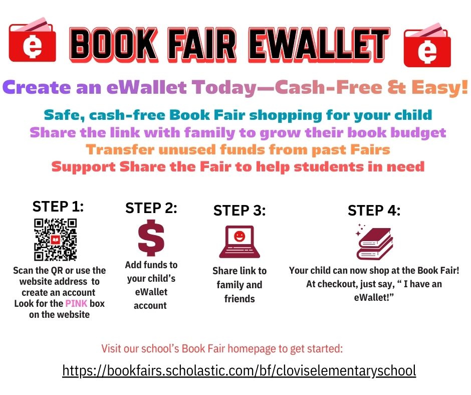 Instructions for creating and using a Scholastic Book Fair eWallet, featuring steps with icons.
