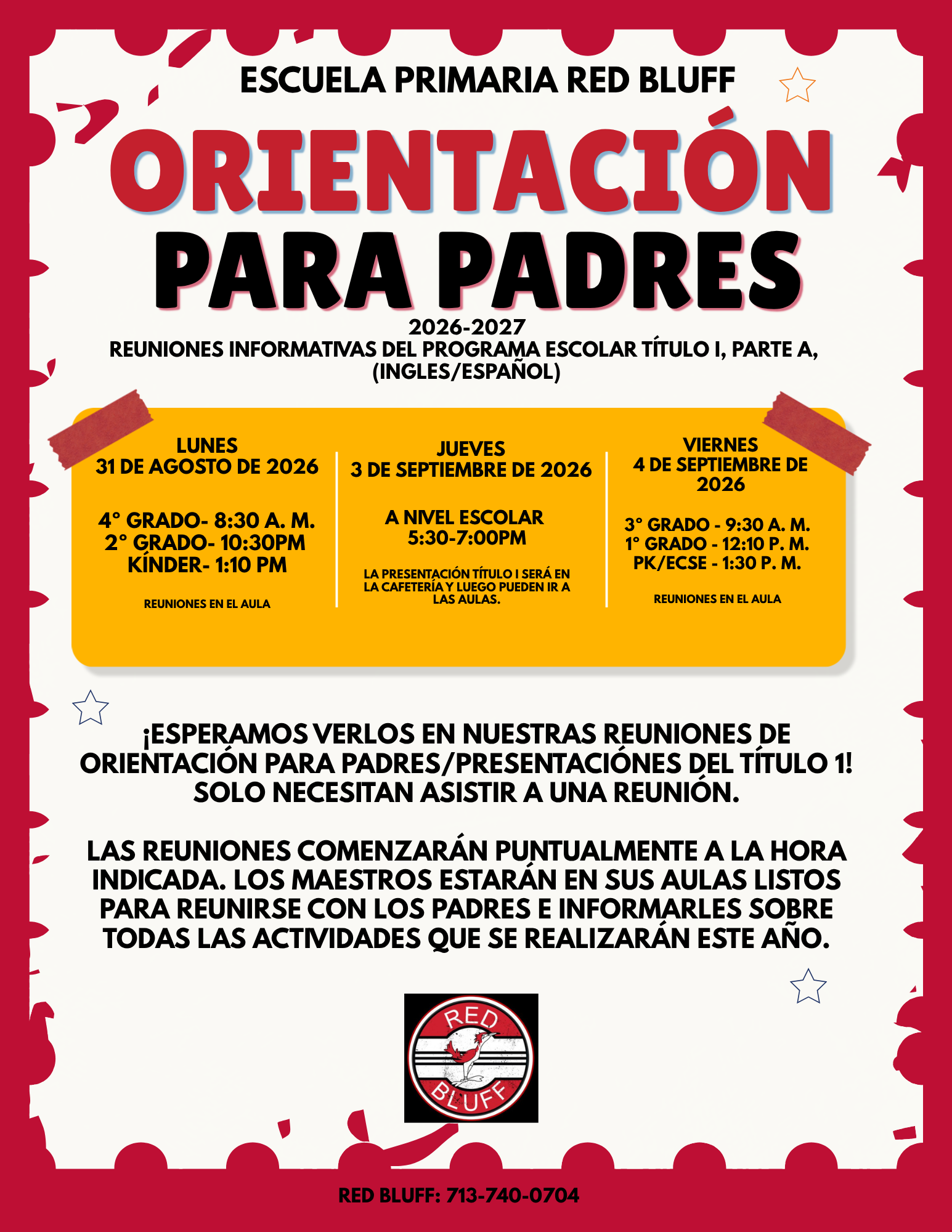 Poster for Red Bluff Elementary School's Parent Orientation for the 2026-2027 school year, detailing Title I program information sessions in English and Spanish.