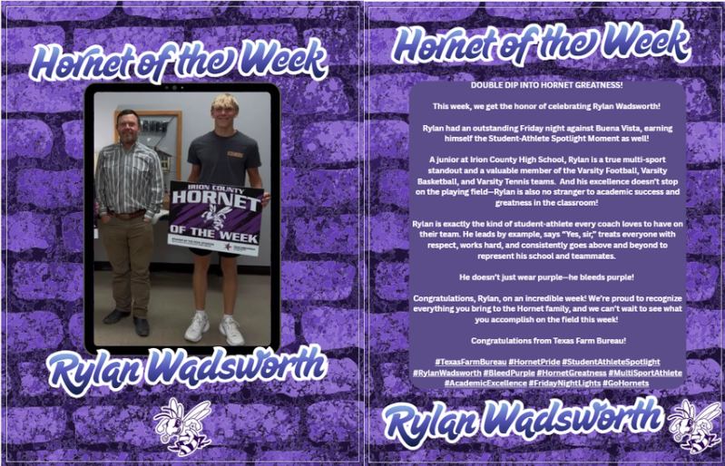 A digital flyer recognizing Rylan Wadsworth as Hornet of the Week, featuring a photo of him with a coach and a descriptive text about his athletic and academic achievements.