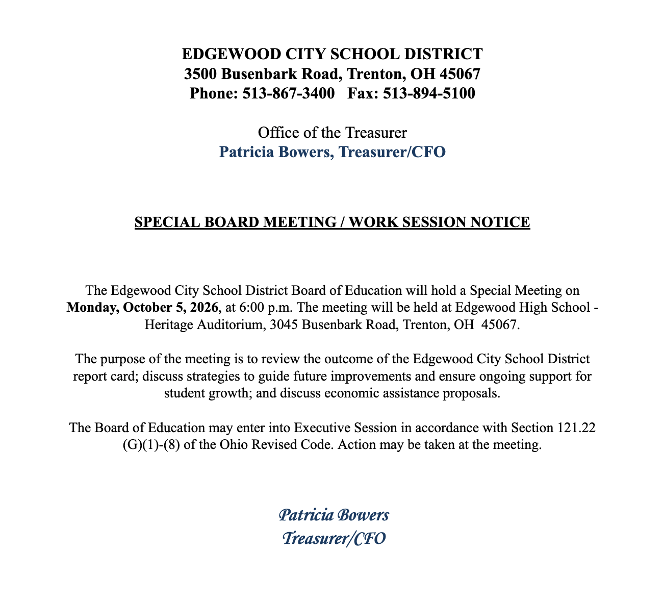 Edgewood City Schools Board of Education Meeting Notice 10/5