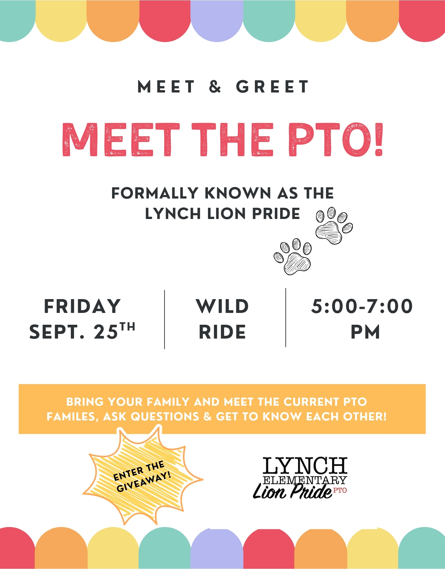 A colorful flyer for a 'Meet the PTO' event at Lynch Elementary on Friday, Sept. 25th from 5:00-7:00 PM.