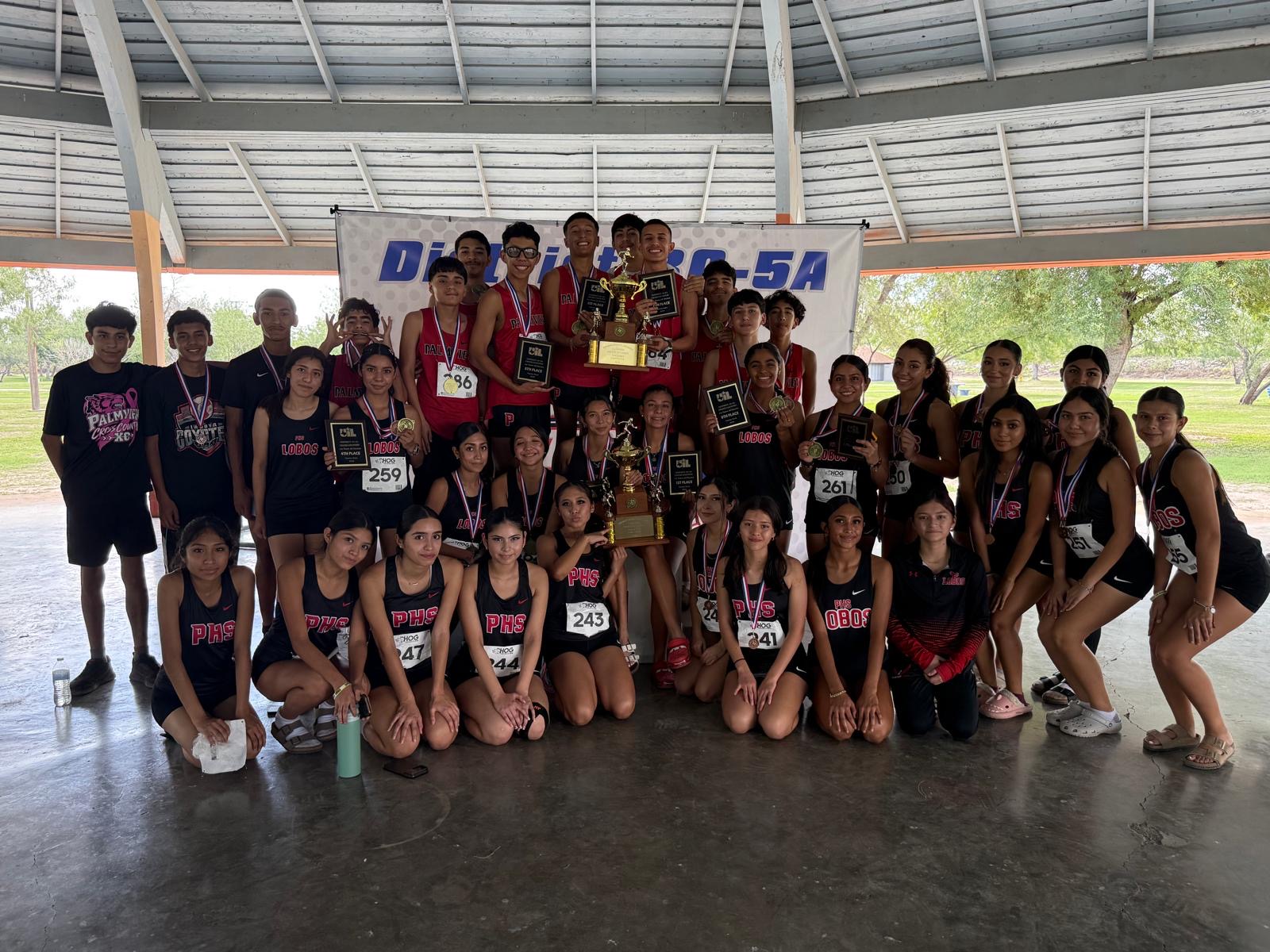 A large high school cross country team poses together under an outdoor pavilion, proudly holding trophies and medals after a successful district meet.