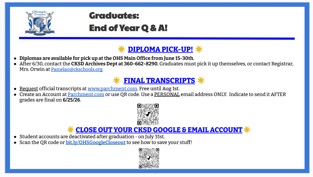 End of Year Graduates: Diploma Pickup, Transcripts & Email 
