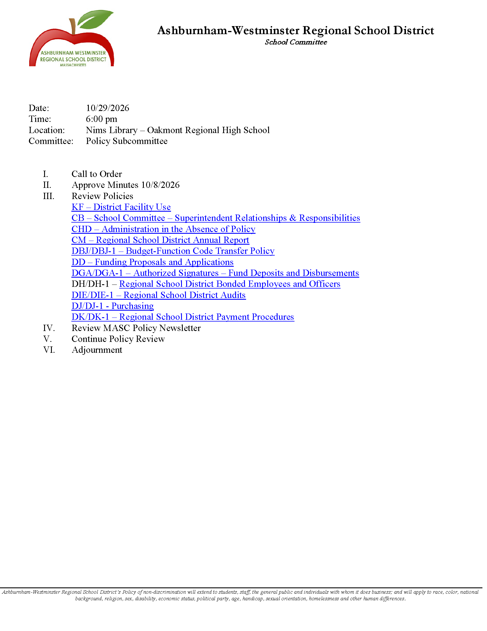 Policy Subcommittee Meeting - 10/29/2026