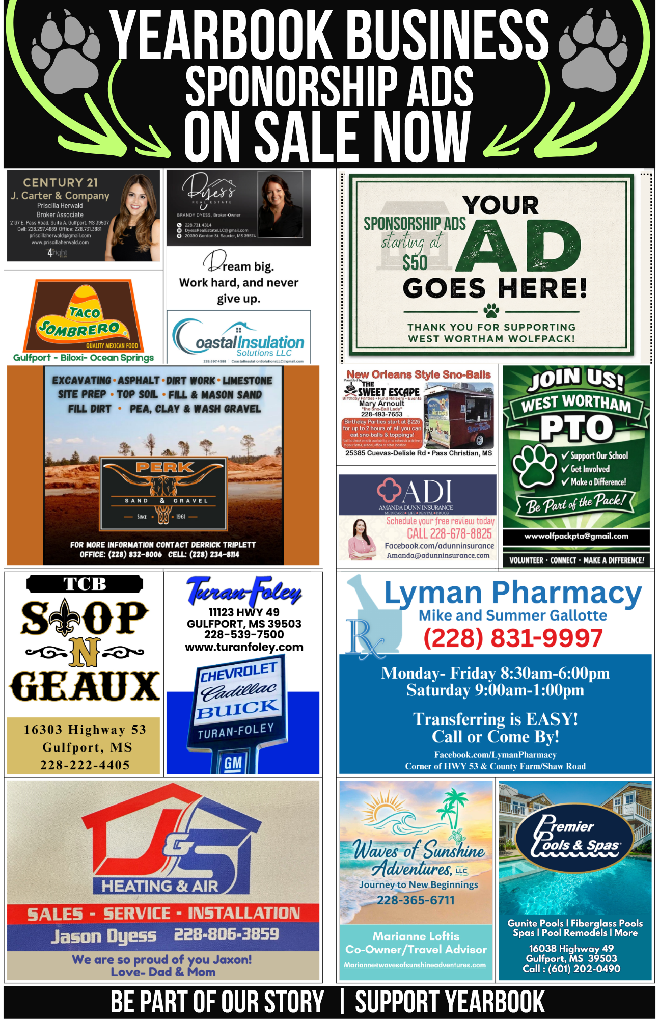 West Wortham Yearbook Business Sponsorship Ads are ON SALE NOW! 💚📖