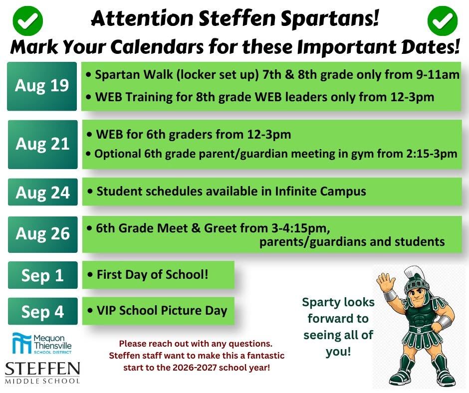 Important Dates for Steffen Spartans!