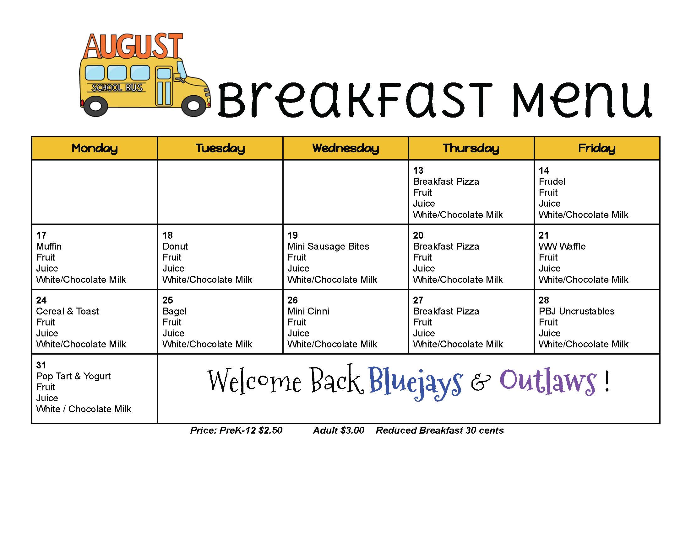 August 2026 Menus