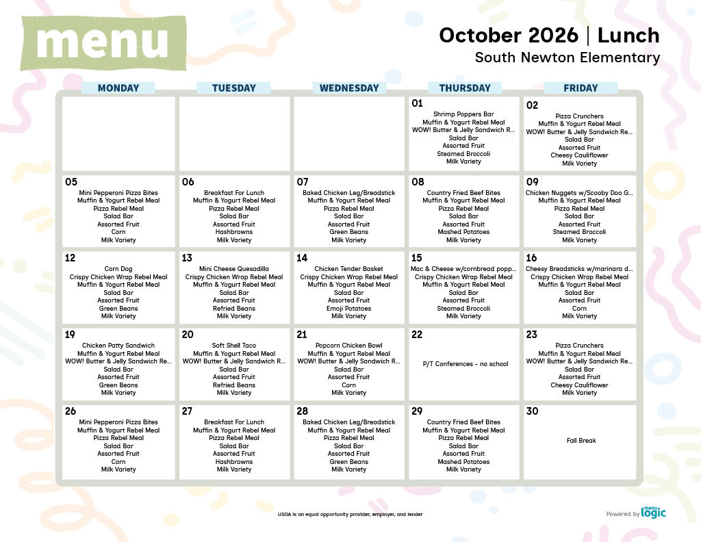 A colorful school lunch menu calendar for South Newton Elementary for October 2026.