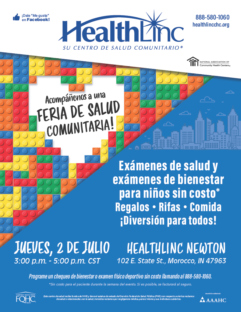 HealthLinc Community Health Fair flyer with colorful brick background and city skyline.