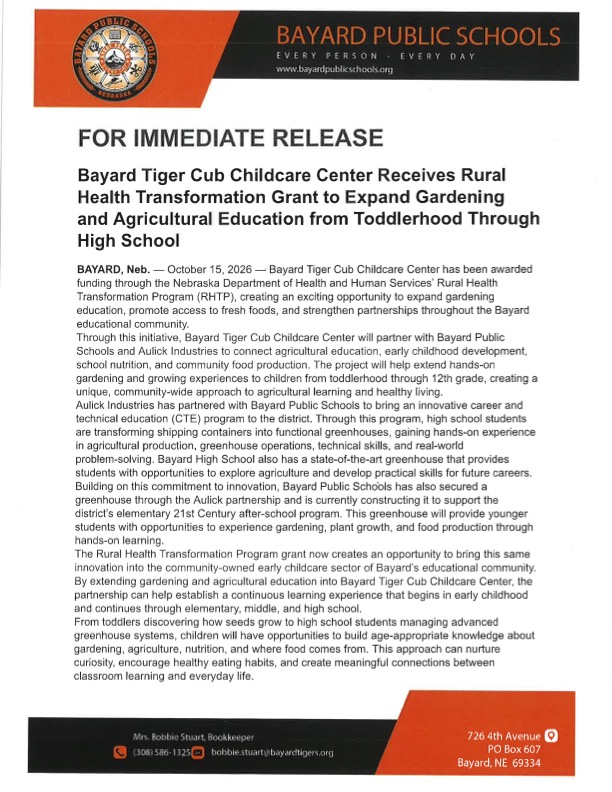 Bayard Tiger Cub Childcare Center has been awarded a Rural Health Transformation Program Grant!