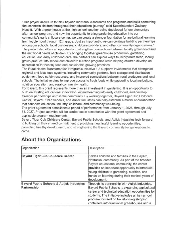A document detailing an educational project and partnership involving local schools, child care centers, and businesses.