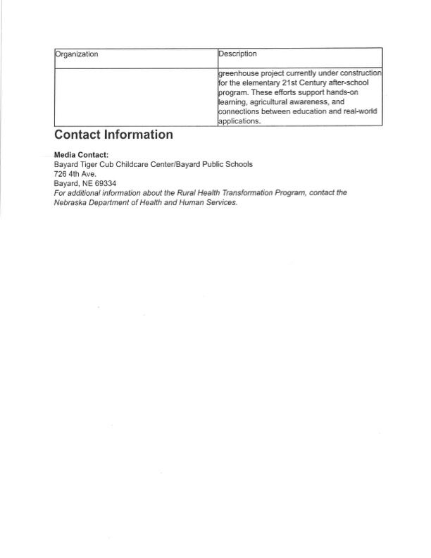 A document section with a table containing Organization and Description headings, followed by Contact Information for Bayard Tiger Cub Childcare Center.