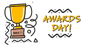 A golden trophy with a brown base sits next to the text 'AWARDS DAY!' in yellow and orange.