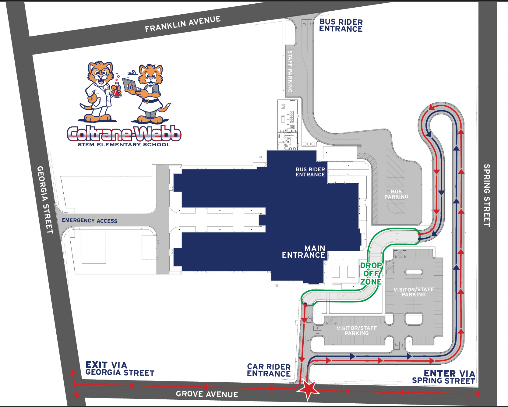 Car Rider Map of Coltrane-Webb STEM Elementary School. For morning arrival, we will have a single car rider line. For afternoon pick-up, we will have a double stacked car rider line.