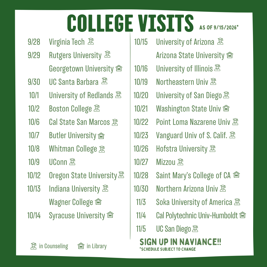 A schedule of upcoming college visits listing dates, university names, and locations in counseling or library, current as of 9/15/2026.