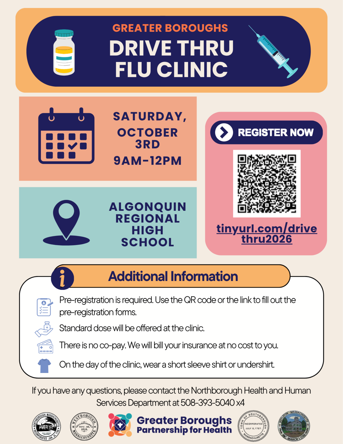 An informational flyer for a Greater Boroughs Drive Thru Flu Clinic on Saturday, October 3rd, from 9 AM to 12 PM at Algonquin Regional High School.