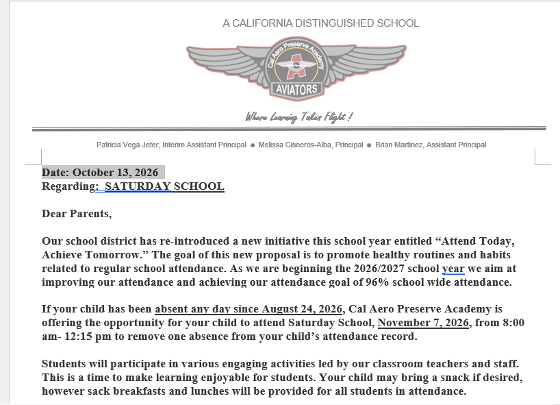 Saturday School #2 Opportunity, November 7, 2026 at Cal Aero