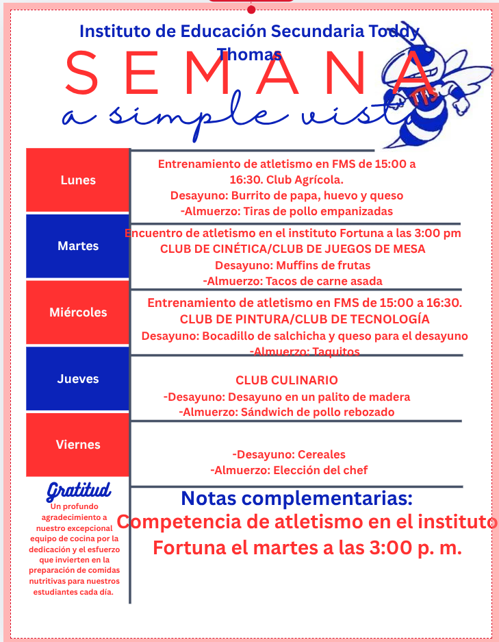 A weekly schedule for Instituto de Educación Secundaria Toddy, detailing activities and meals from Monday to Friday.