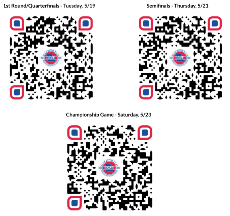 Three QR codes are displayed, each labeled with a date and event stage: 1st Round/Quarterfinals (5/19), Semifinals (5/21), and Championship Game (5/23).