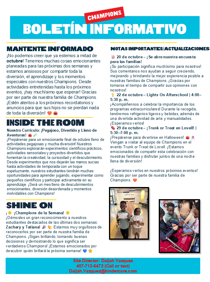 A newsletter in Spanish titled Champions BoletÃn Informativo, featuring updates, events, and photos of children.