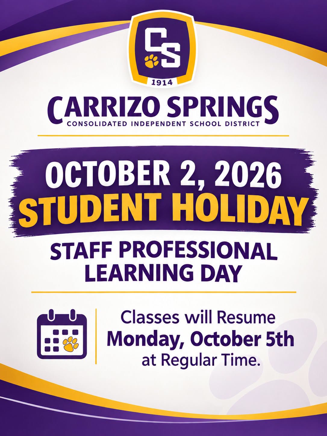 Friday, October 2, 2026 Student Holiday/Staff Professional Learning Day