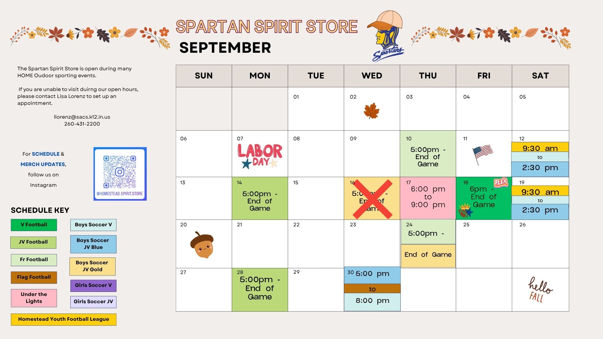 Spartan Spirit Store September Schedule